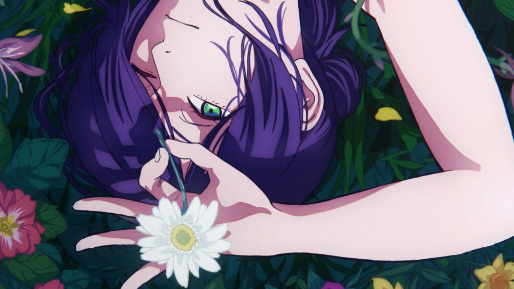 Promo image of a purple-haired anime girl holding a flower in Chainsaw Man – The Movie: Reze Arc.