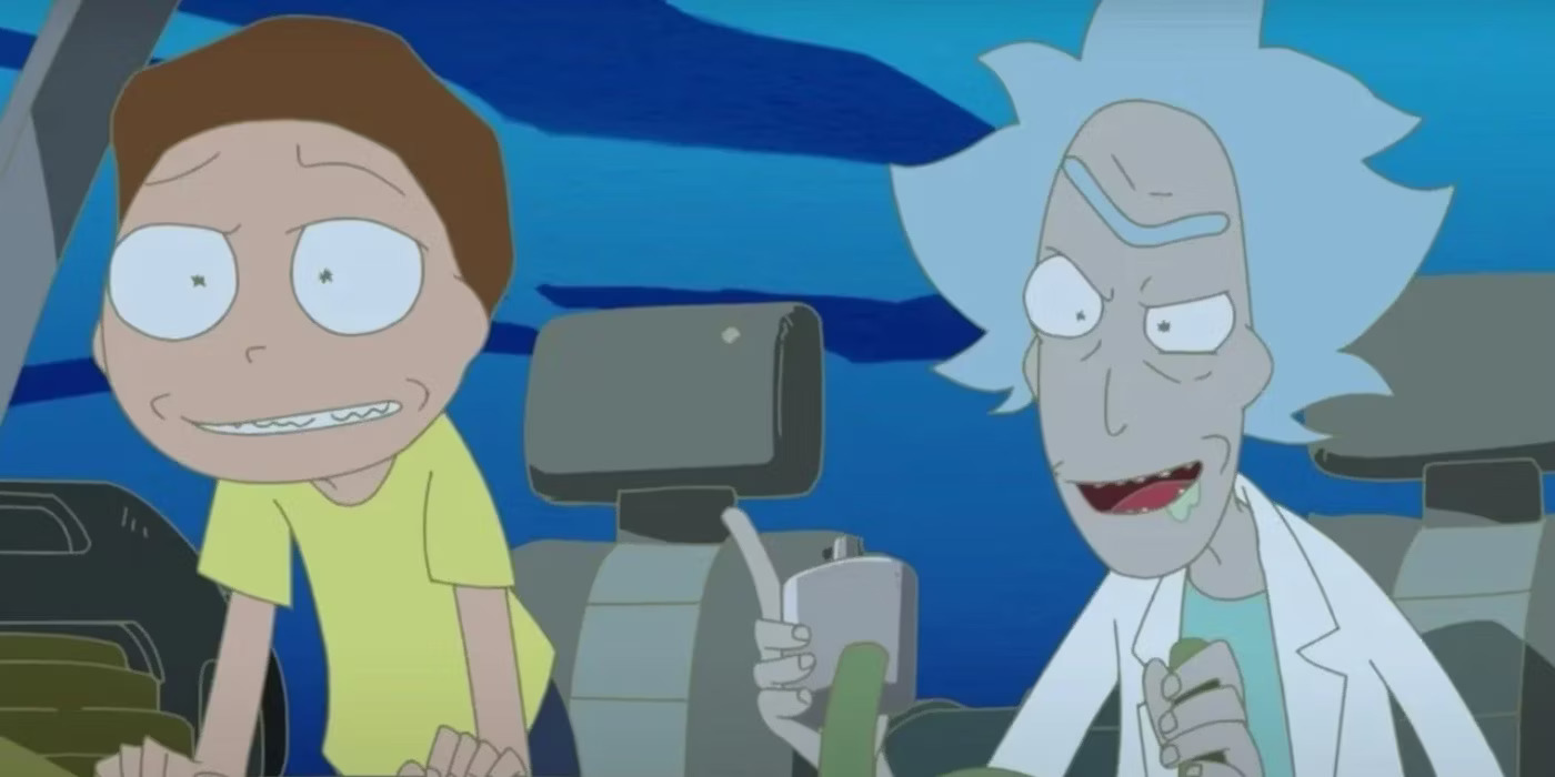 (L-R) Morty and Rick sitting in the cockpit of Rick’s spaceship in Rick and Morty: The Anime.